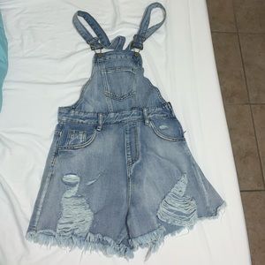 Ripped Raw Hem Denim Overall